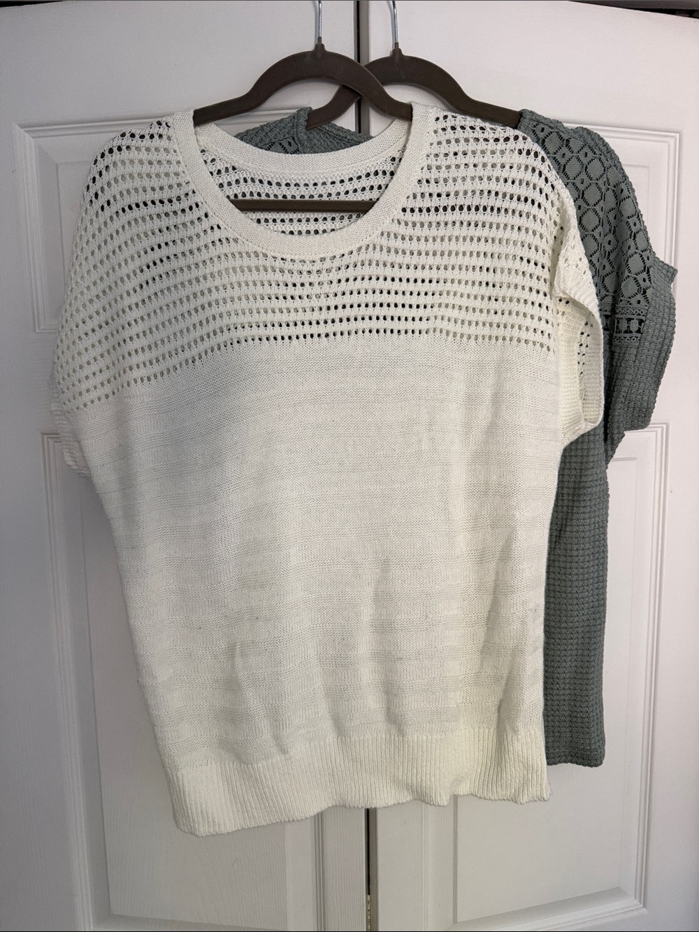 2 Women’s Open-Knit Short Sleeve Sweaters - Cream and Sage